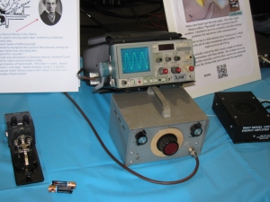 An audio frequency test station with an oscilloscope, signal generator and audio amplifier. A microphone inserted into the amplifier input became a popular function for kids and adults - Speak into the microphone and see what you sound like! 
