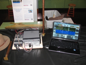 Dennis brought his 10 GHz / 24 GHz dual band station with software defined radio and notebook computer. The "waterfall" display is used to visually indicate very weak to very strong signals across the receive band. The digital signal processing in this system can improve signal reception