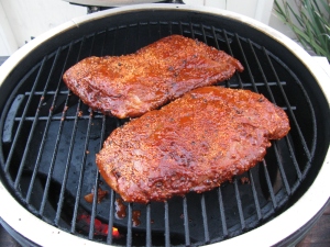 On the Big Green Egg - 250 degrees F, with some hickory chips.